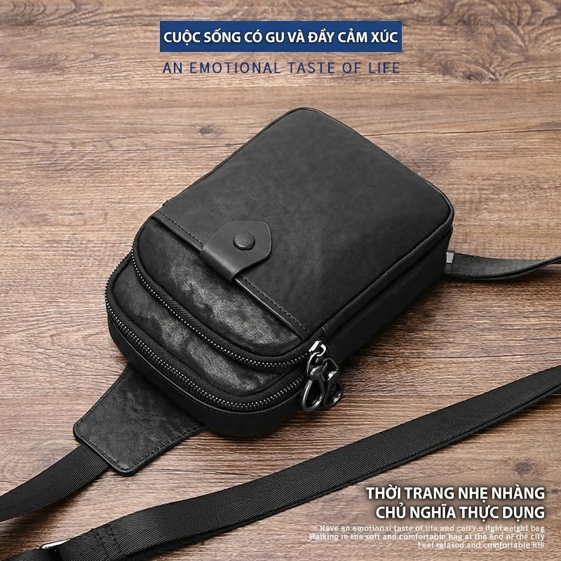 Túi Đeo Ngực Nam Da Bò Thật Đeo Vai Một Bên Phong Cách Thời Trang Màu Đen chi tiết 28