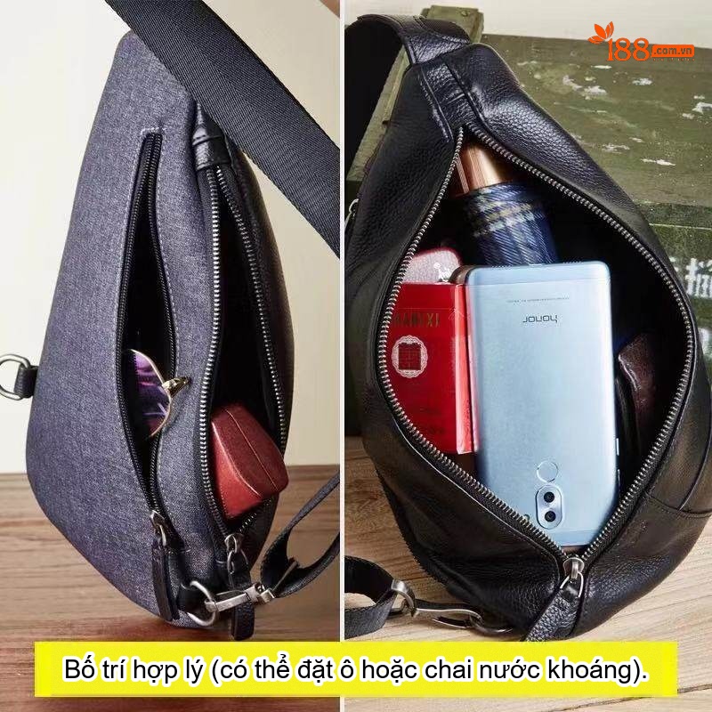 Túi Đeo Ngực Nam Da Bò Thời Trang Đa Năng Màu Đen
