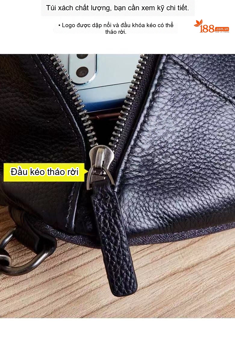 Túi Đeo Ngực Nam Da Bò Thời Trang Đa Năng Màu Đen chi tiết 10