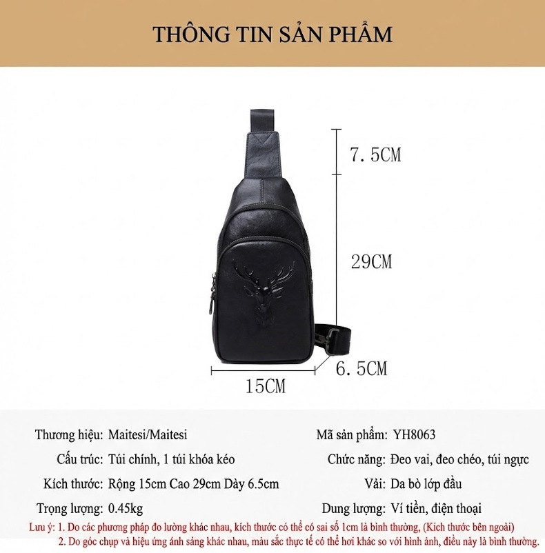 Túi Đeo Ngực Nam Da Bò Thời Trang Hàn Quốc In Hình Đầu Rồng Hươu Màu Đen chi tiết 9