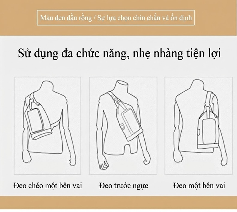 Túi Đeo Ngực Nam Da Bò Thời Trang Hàn Quốc In Hình Đầu Rồng Hươu Màu Đen chi tiết 11