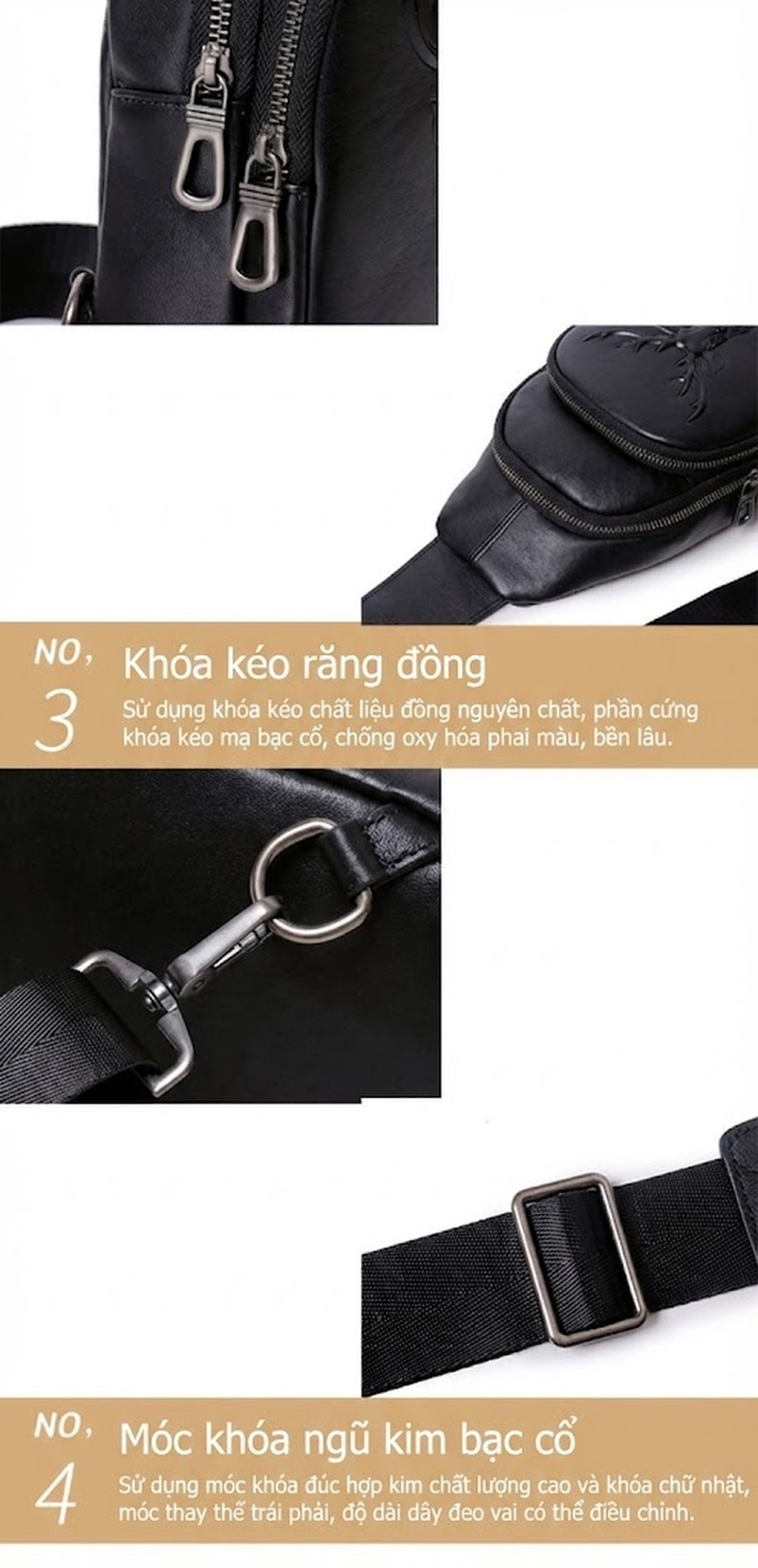 Túi Đeo Ngực Nam Da Bò Thời Trang Hàn Quốc In Hình Đầu Rồng Hươu Màu Đen chi tiết 15