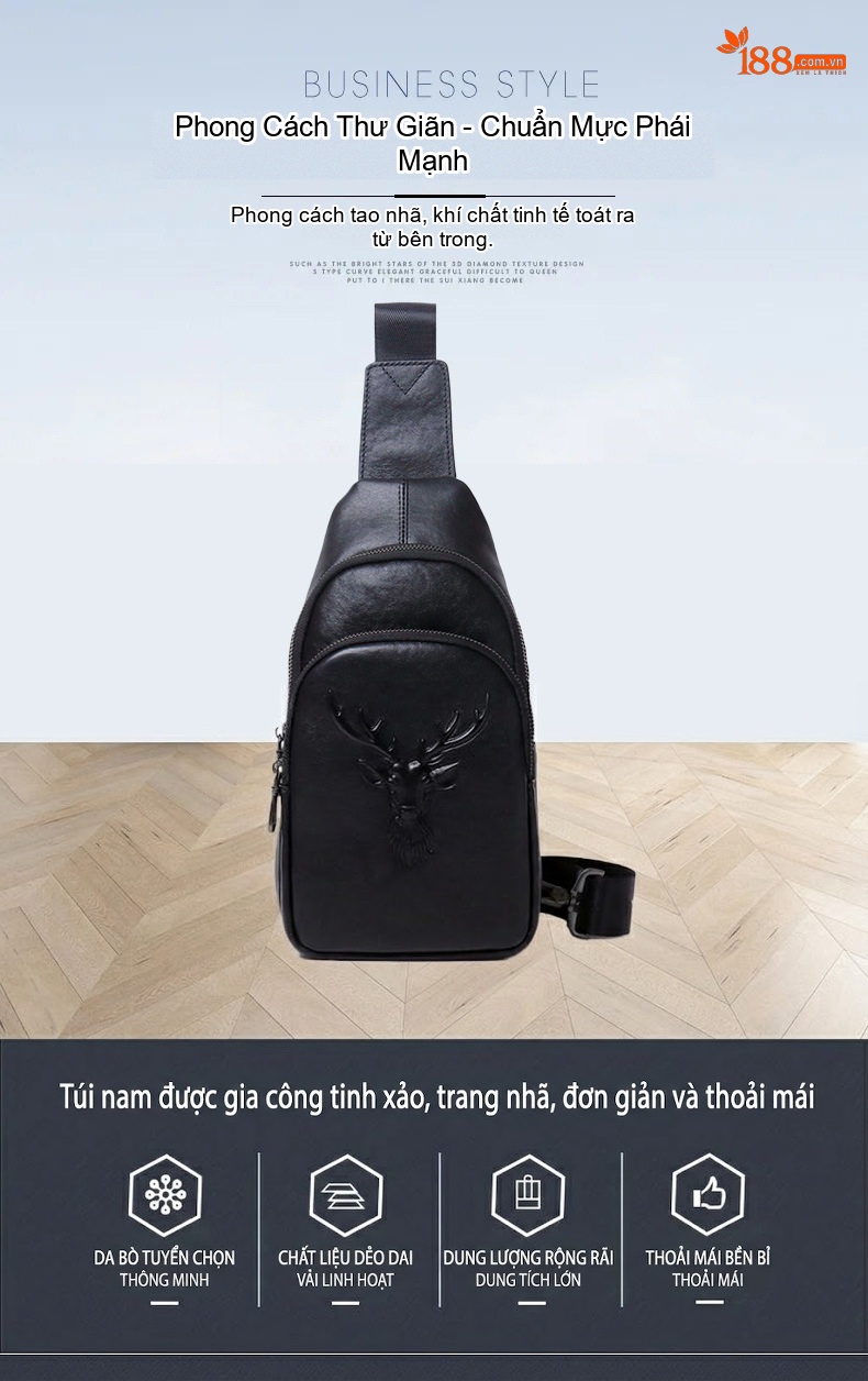 Túi Đeo Ngực Nam Da Bò Thời Trang Hàn Quốc In Hình Đầu Rồng Hươu Màu Đen chi tiết 1