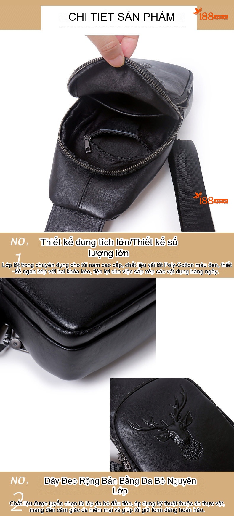 Túi Đeo Ngực Nam Da Bò Thời Trang Hàn Quốc In Hình Đầu Rồng Hươu Màu Đen chi tiết 14