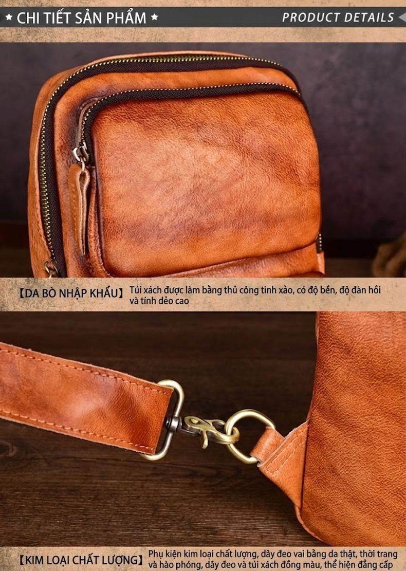 Túi Đeo Ngực Nam Da Bò Thủ Công Phong Cách Hàn Quốc chi tiết 14