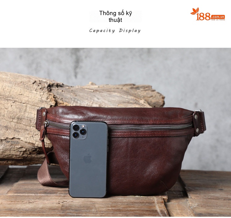 Túi Đeo Ngực Nam Da Bò Thủ Công, Túi Đeo Chéo, Túi Đeo Hông Da Thật Phong Cách Retro Màu Nâu, Cam chi tiết 9