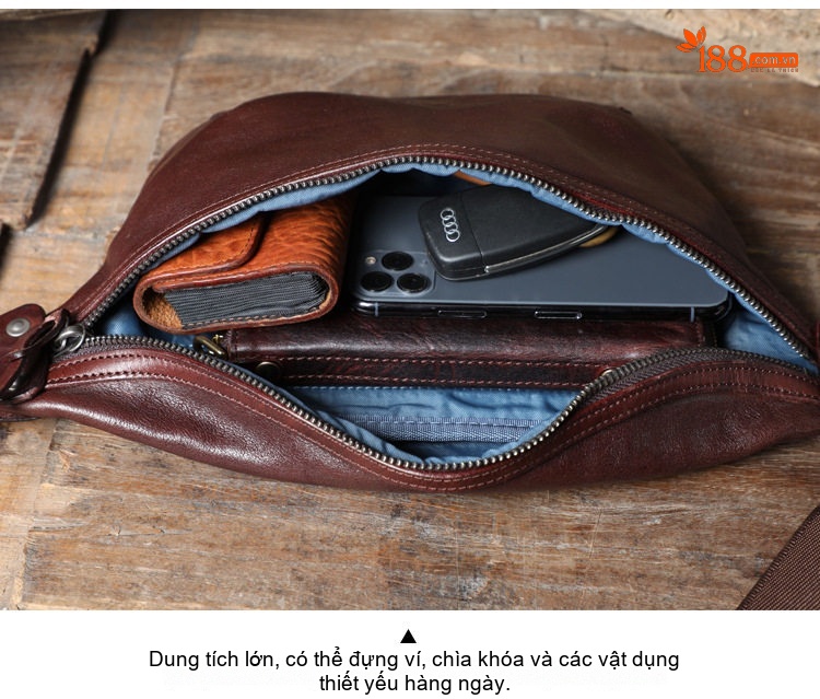 Túi Đeo Ngực Nam Da Bò Thủ Công, Túi Đeo Chéo, Túi Đeo Hông Da Thật Phong Cách Retro Màu Nâu, Cam chi tiết 10