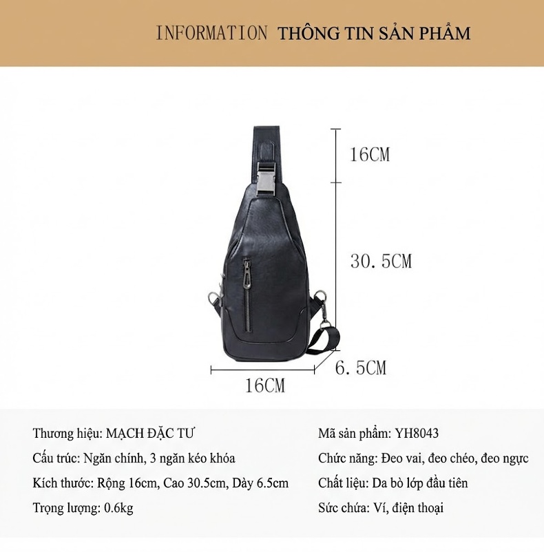 Túi Đeo Ngực Nam Da Bò, Túi Đeo Chéo Thể Thao, Túi Đeo Trước Ngực Phong Cách Đường Phố Màu Đen chi tiết 9