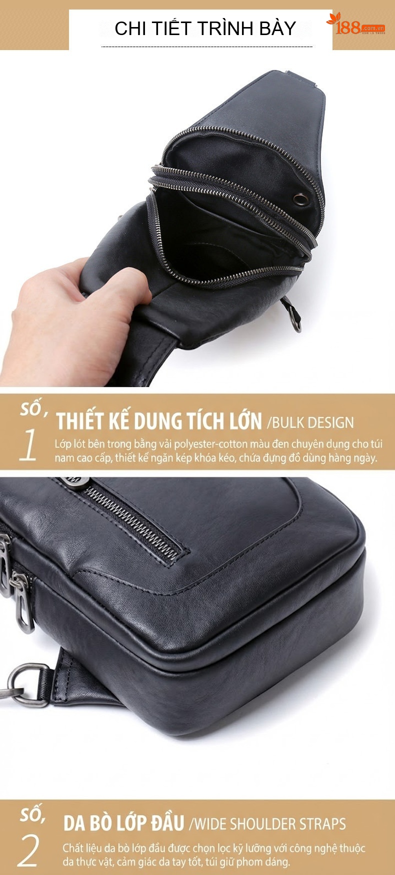 Túi Đeo Ngực Nam Da Bò, Túi Đeo Chéo Thể Thao, Túi Đeo Trước Ngực Phong Cách Đường Phố Màu Đen chi tiết 12