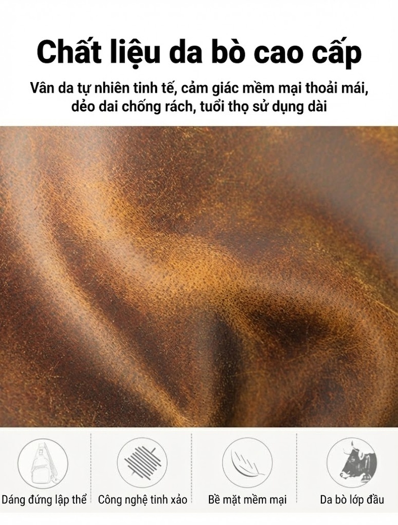 Túi Đeo Ngực Nam Da Bò Túi Đeo Vai Đeo Chéo Phong Cách Âu Mỹ Cổ Điển Màu Nâu chi tiết 9