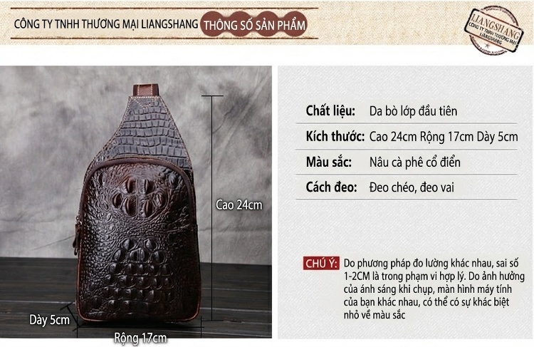 Túi Đeo Ngực Nam Da Bò Vân Cá Sấu Đầu Cá Sấu Thật chi tiết 1