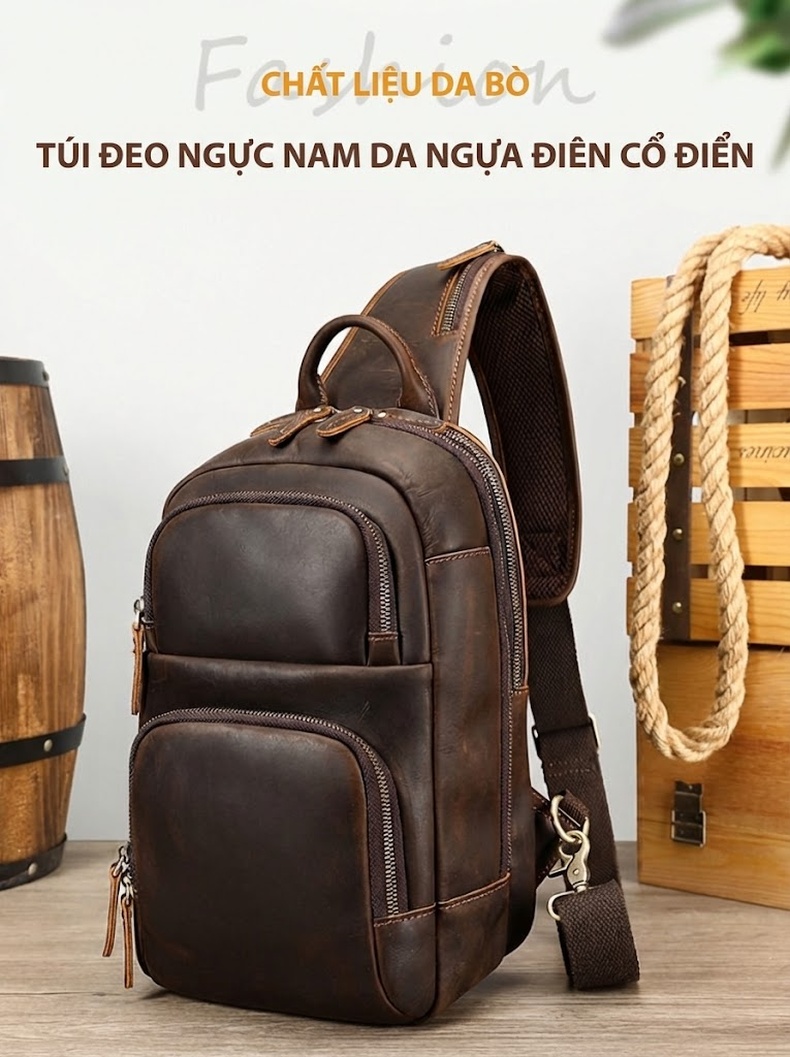 Túi Đeo Ngực Nam Da Thật Cao Cấp Phong Cách Túi Đeo Chéo Du Lịch Màu Nâu chi tiết 8