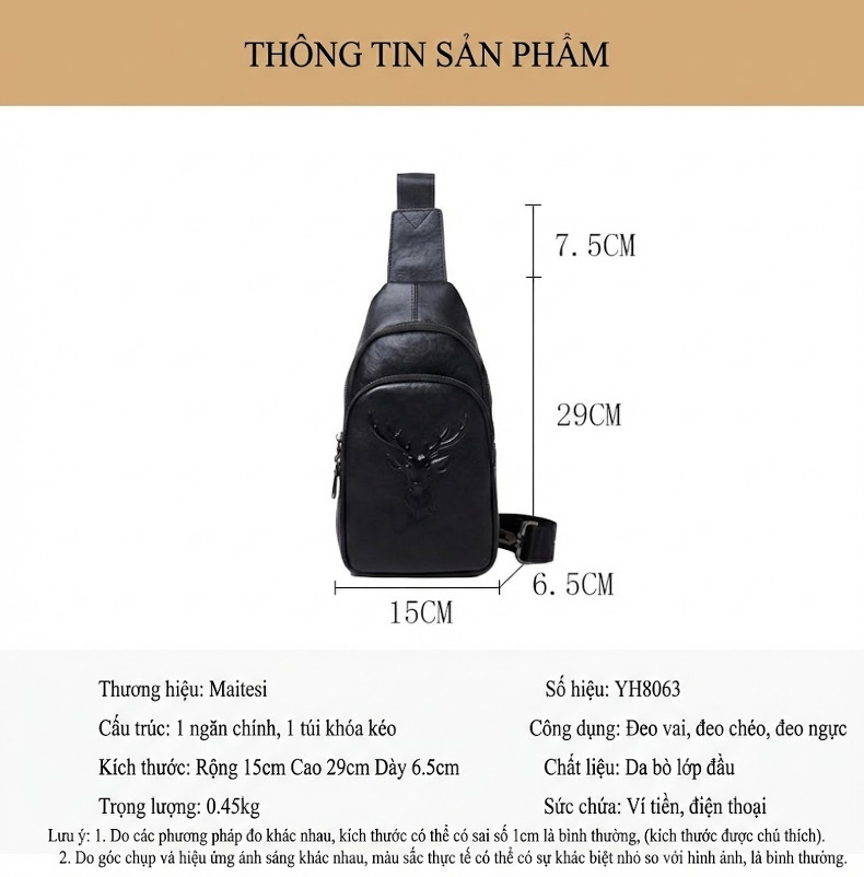 Túi Đeo Ngực Nam Da Thật Dáng Đứng Nhiều Ngăn Khóa Kéo Hình Đầu Hươu Phong Cách Hàn Quốc Màu Đen chi tiết 9