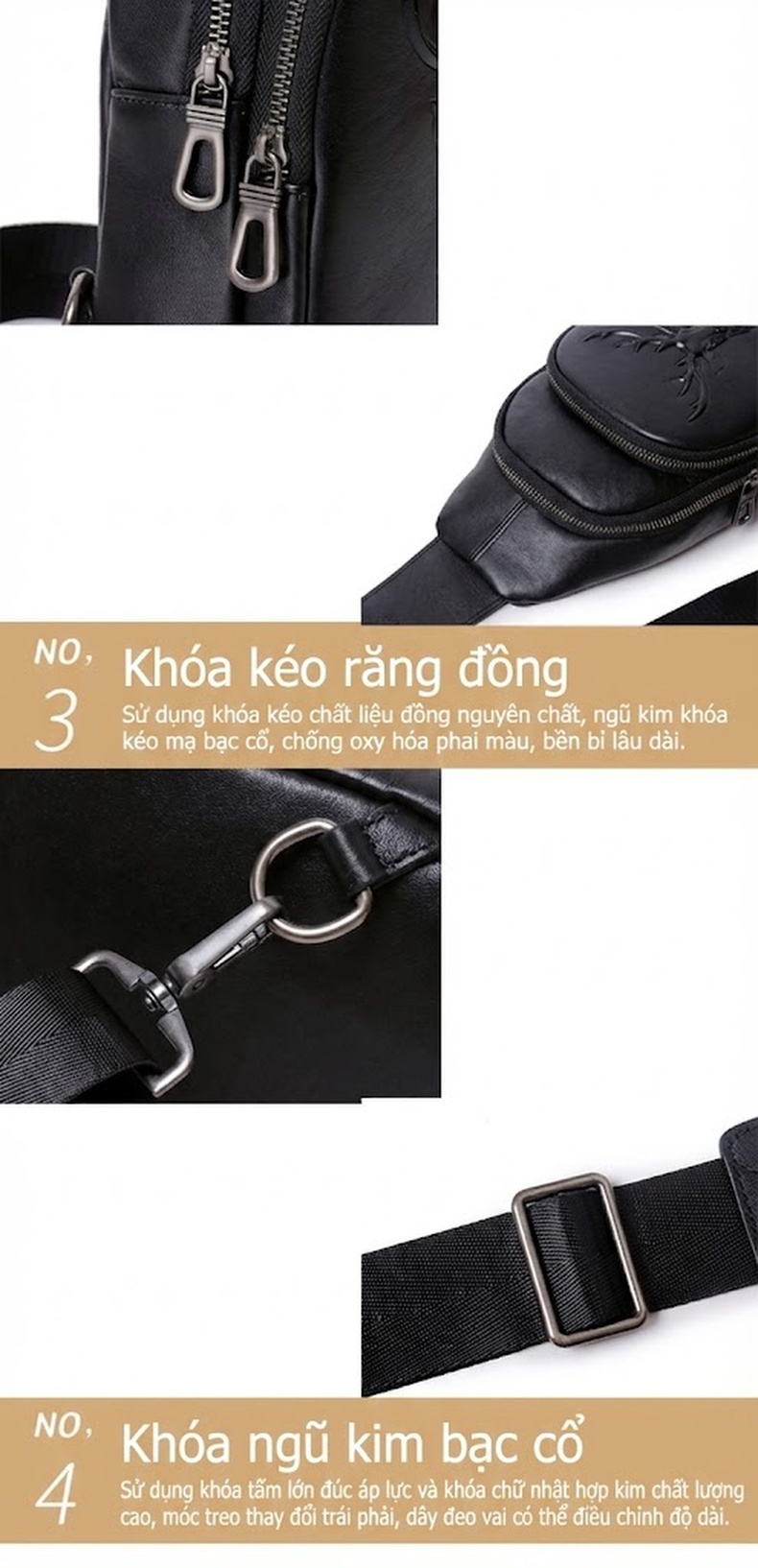 Túi Đeo Ngực Nam Da Thật Dáng Đứng Nhiều Ngăn Khóa Kéo Hình Đầu Hươu Phong Cách Hàn Quốc Màu Đen chi tiết 15