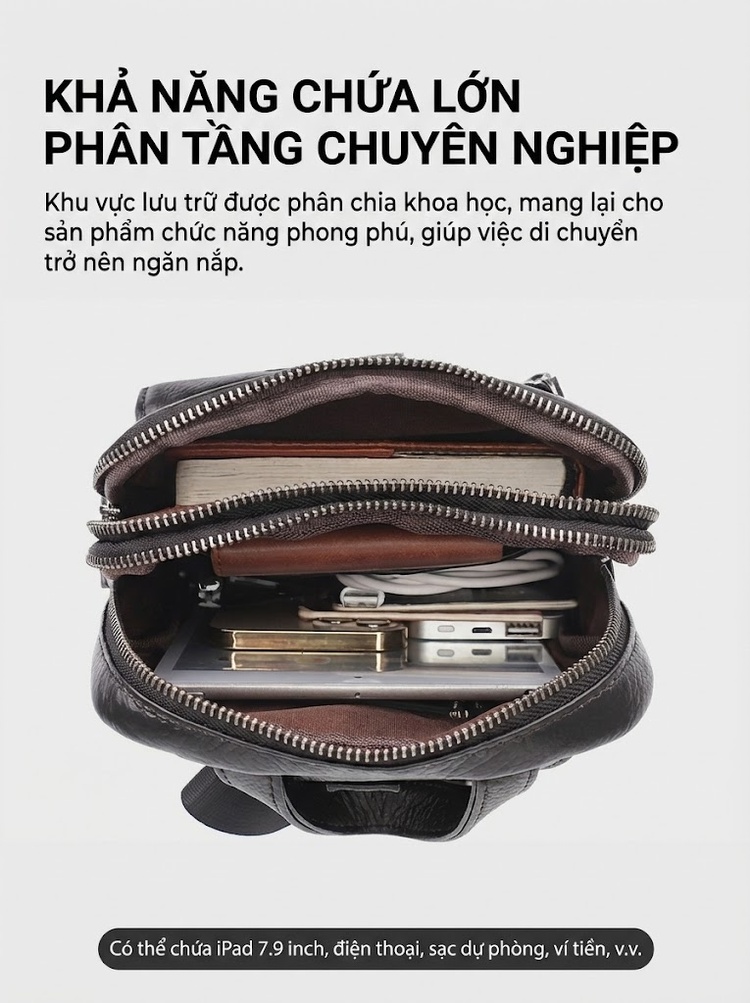 Túi Đeo Ngực Nam Da Thật Kiểu Dáng Đa Năng Chống Thấm Nước Màu Đen chi tiết 7