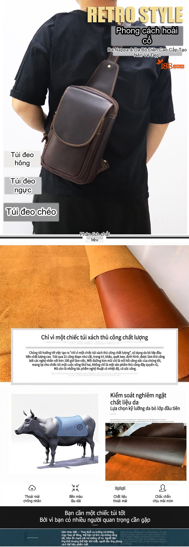 Túi Đeo Ngực Nam Da Thật Mad Dog Da Bò Túi Đeo Chéo Vai Phong Cách Retro Màu Nâu, Đen chi tiết 1