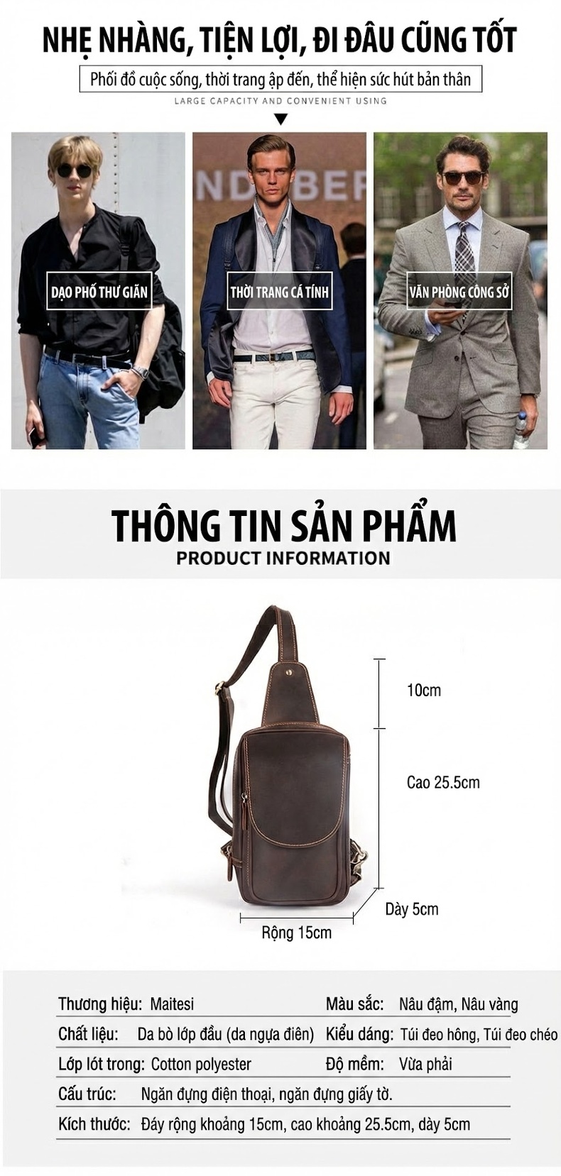 Túi Đeo Ngực Nam Da Thật Mad Dog Da Bò Túi Đeo Chéo Vai Phong Cách Retro Màu Nâu, Đen chi tiết 4