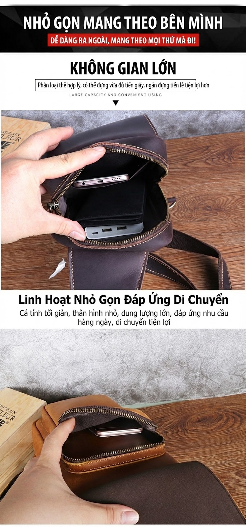 Túi Đeo Ngực Nam Da Thật Mad Dog Da Bò Túi Đeo Chéo Vai Phong Cách Retro Màu Nâu, Đen chi tiết 5