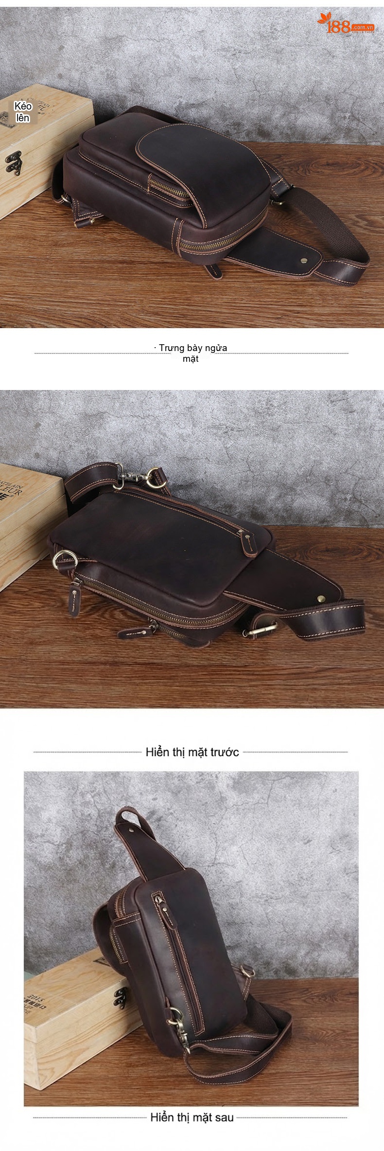 Túi Đeo Ngực Nam Da Thật Mad Dog Da Bò Túi Đeo Chéo Vai Phong Cách Retro Màu Nâu, Đen chi tiết 12