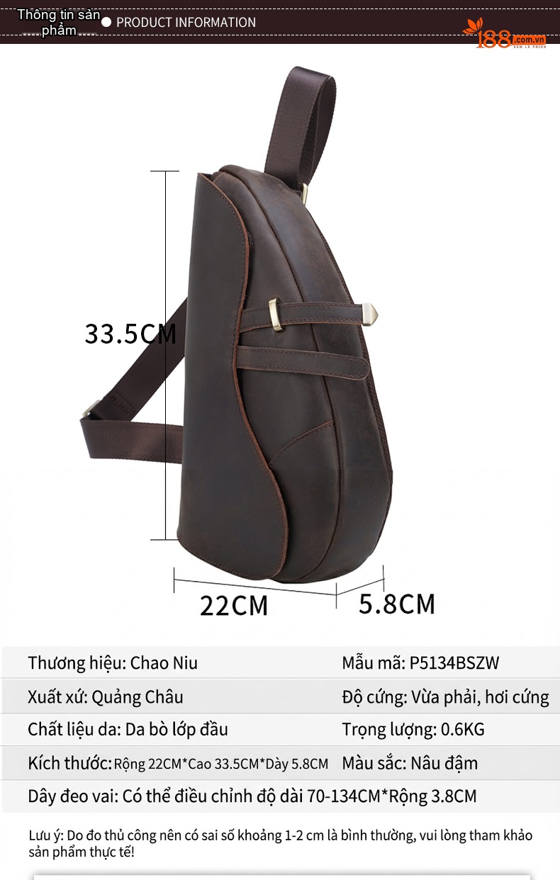 Túi Đeo Ngực Nam Da Thật Phong Cách Retro Da Sáp Ngựa Điên Đeo Chéo Thể Thao Ngoài Trời Màu Nâu chi tiết 4