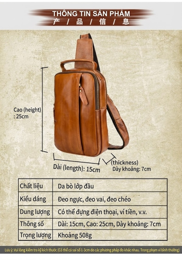 Túi Đeo Ngực Nam Da Thật Thủ Công Màu Nâu chi tiết 2