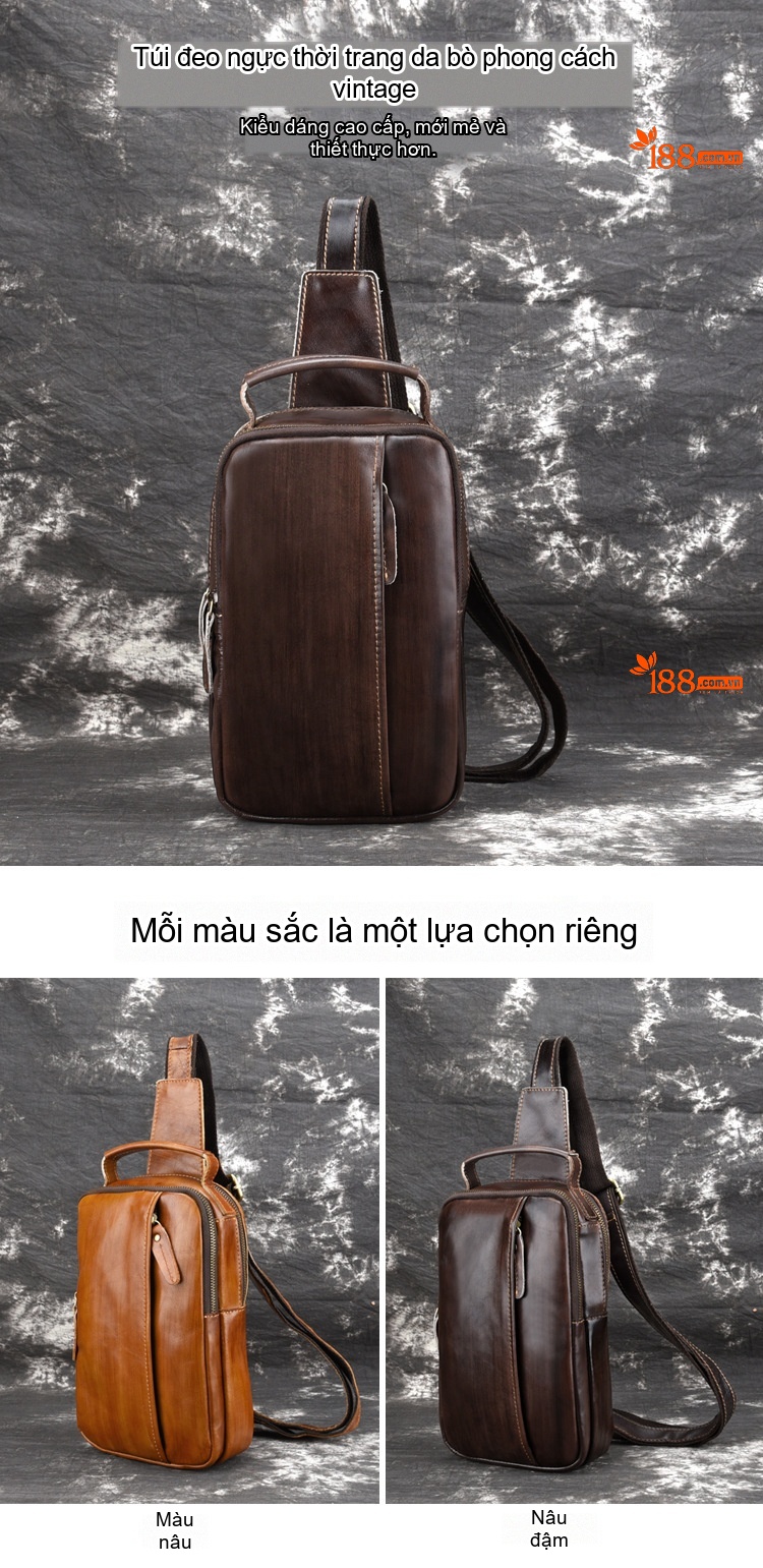 Túi Đeo Ngực Nam Da Thật Thủ Công Màu Nâu chi tiết 1