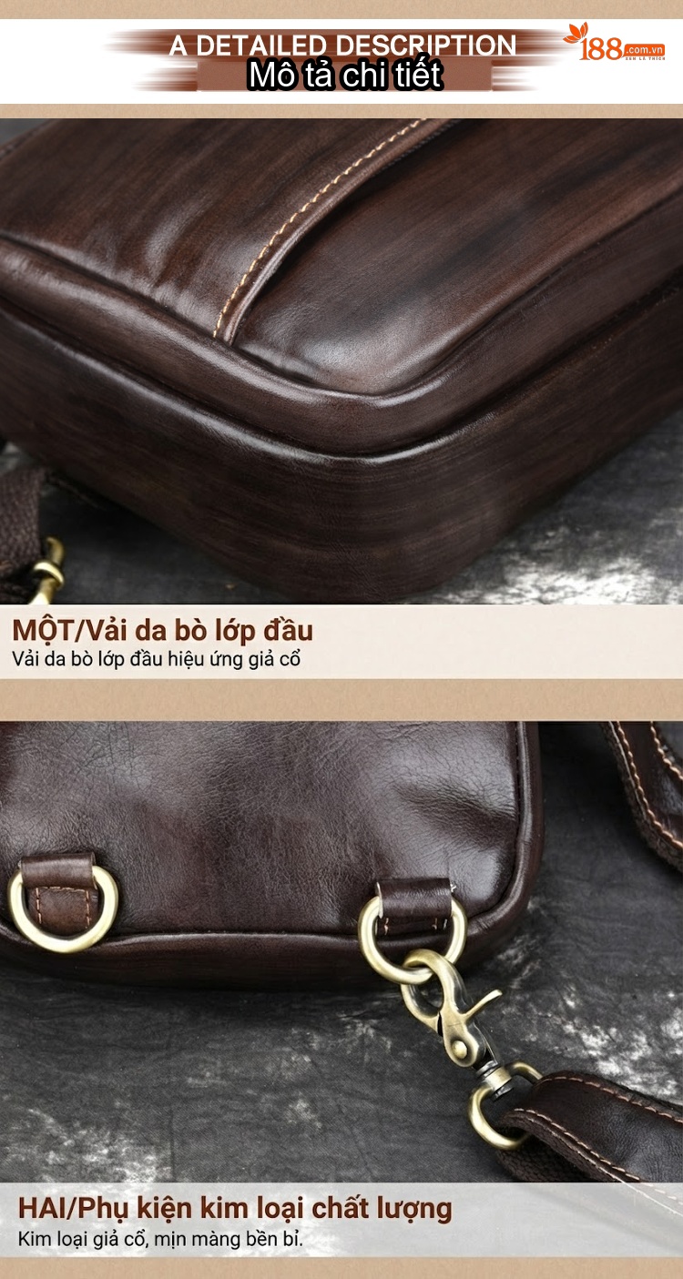 Túi Đeo Ngực Nam Da Thật Thủ Công Màu Nâu chi tiết 12