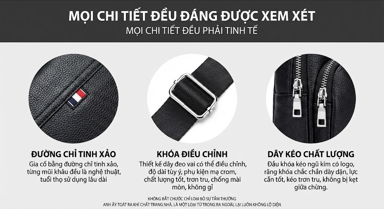 Túi Đeo Ngực Nam Da Thật Túi Đeo Chéo Vai Nam Da Bò Màu Đen chi tiết 7