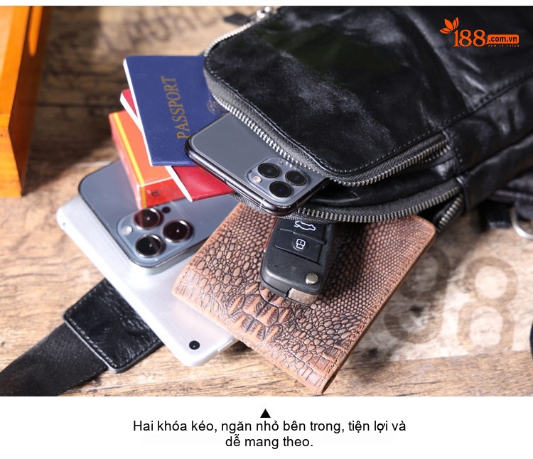 Túi Đeo Ngực Nam Da Thật Túi Đựng Điện Thoại Mini Đeo Chéo Vai Màu Đen chi tiết 4