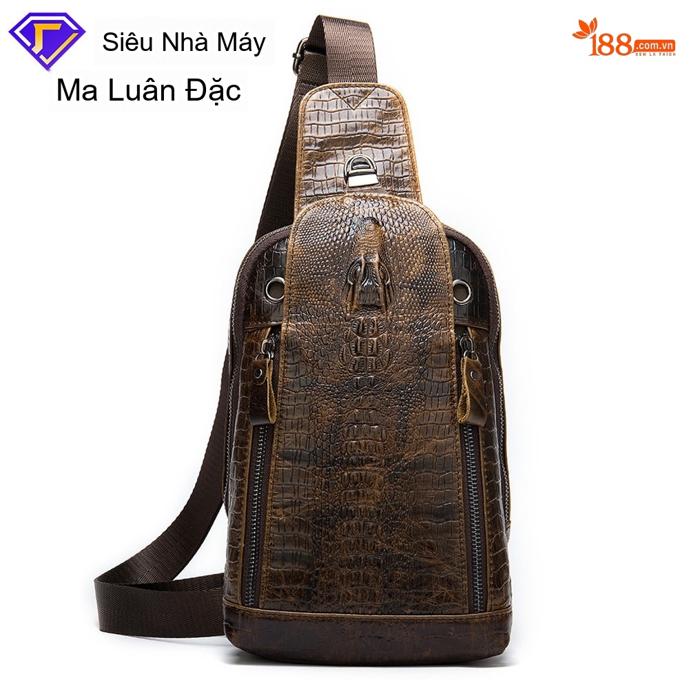 Túi Đeo Ngực Nam Da Thật Vân Cá Sấu Đeo Chéo Thời Trang Màu Nâu