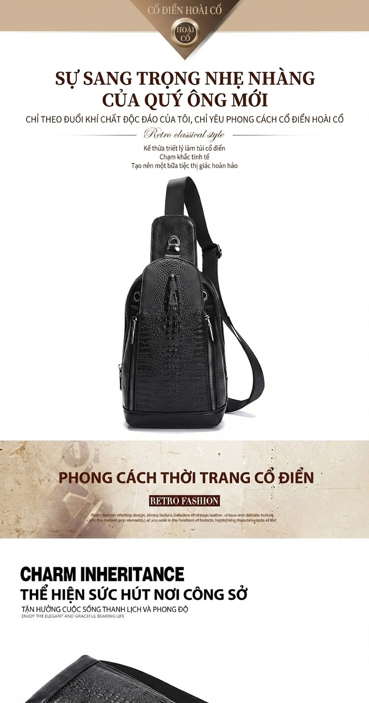 Túi Đeo Ngực Nam Da Thật Vân Cá Sấu Thời Trang Hàn Quốc Màu Đen chi tiết 1