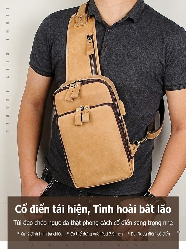Túi Đeo Ngực Nam Da Thật Vân Da Bò Retro Đa Năng USB Màu Nâu Vàng chi tiết 1