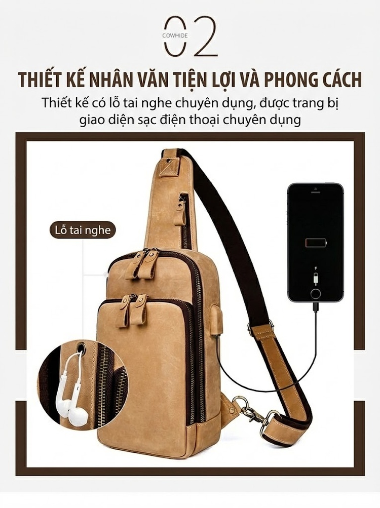 Túi Đeo Ngực Nam Da Thật Vân Da Bò Retro Đa Năng USB Màu Nâu Vàng chi tiết 5