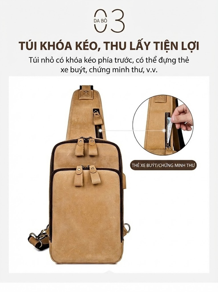 Túi Đeo Ngực Nam Da Thật Vân Da Bò Retro Đa Năng USB Màu Nâu Vàng chi tiết 6