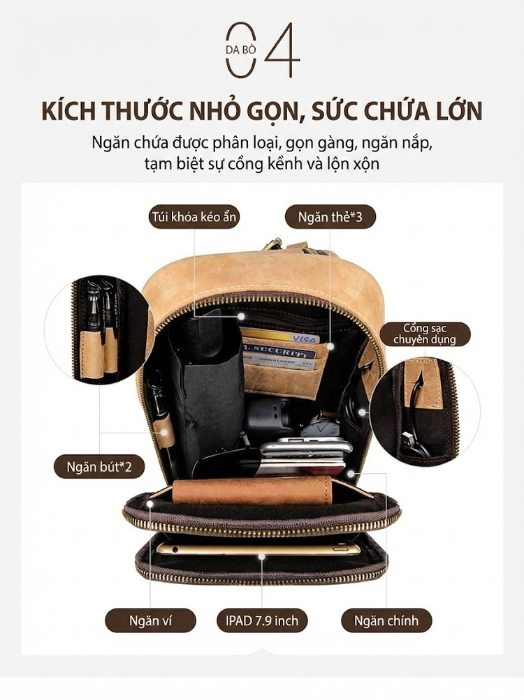 Túi Đeo Ngực Nam Da Thật Vân Da Bò Retro Đa Năng USB Màu Nâu Vàng chi tiết 7
