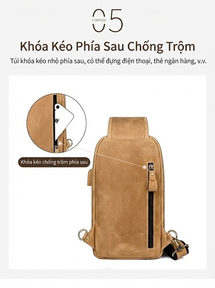 Túi Đeo Ngực Nam Da Thật Vân Da Bò Retro Đa Năng USB Màu Nâu Vàng chi tiết 8