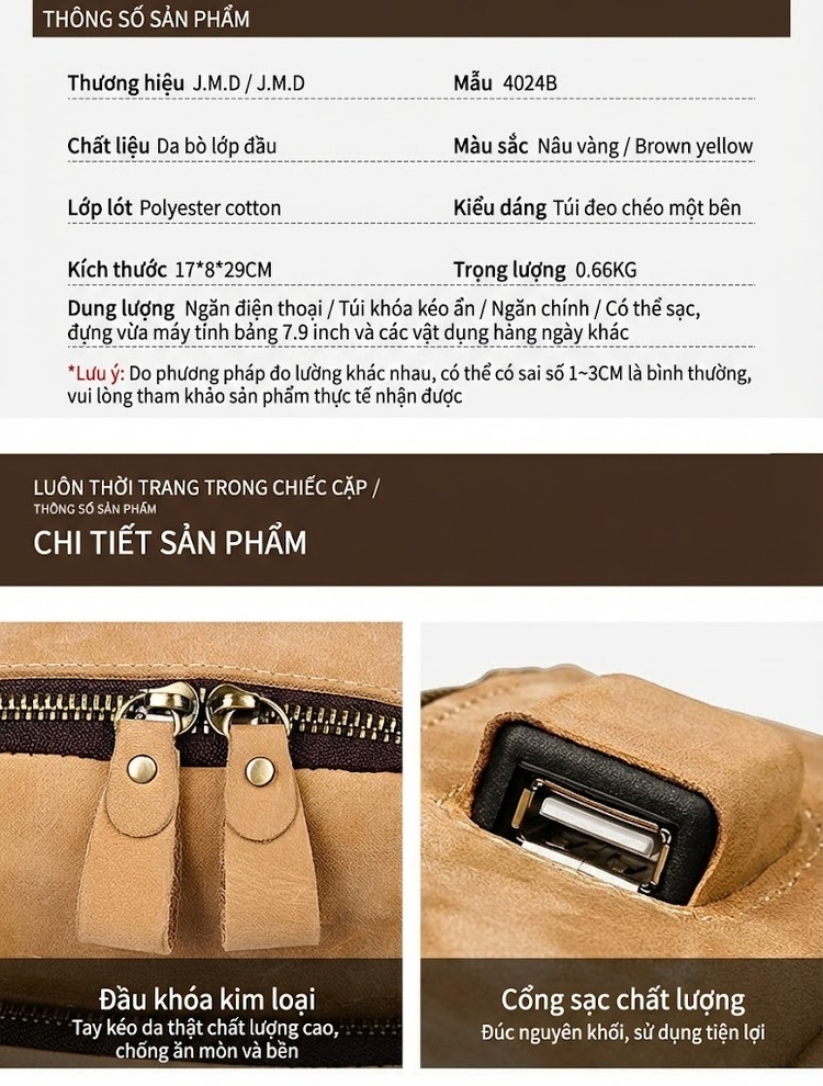 Túi Đeo Ngực Nam Da Thật Vân Da Bò Retro Đa Năng USB Màu Nâu Vàng chi tiết 10