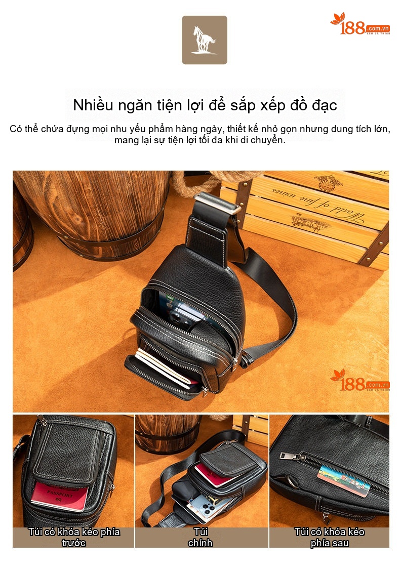 Túi đeo ngực nam da bò thời trang dáng hộp chi tiết 6
