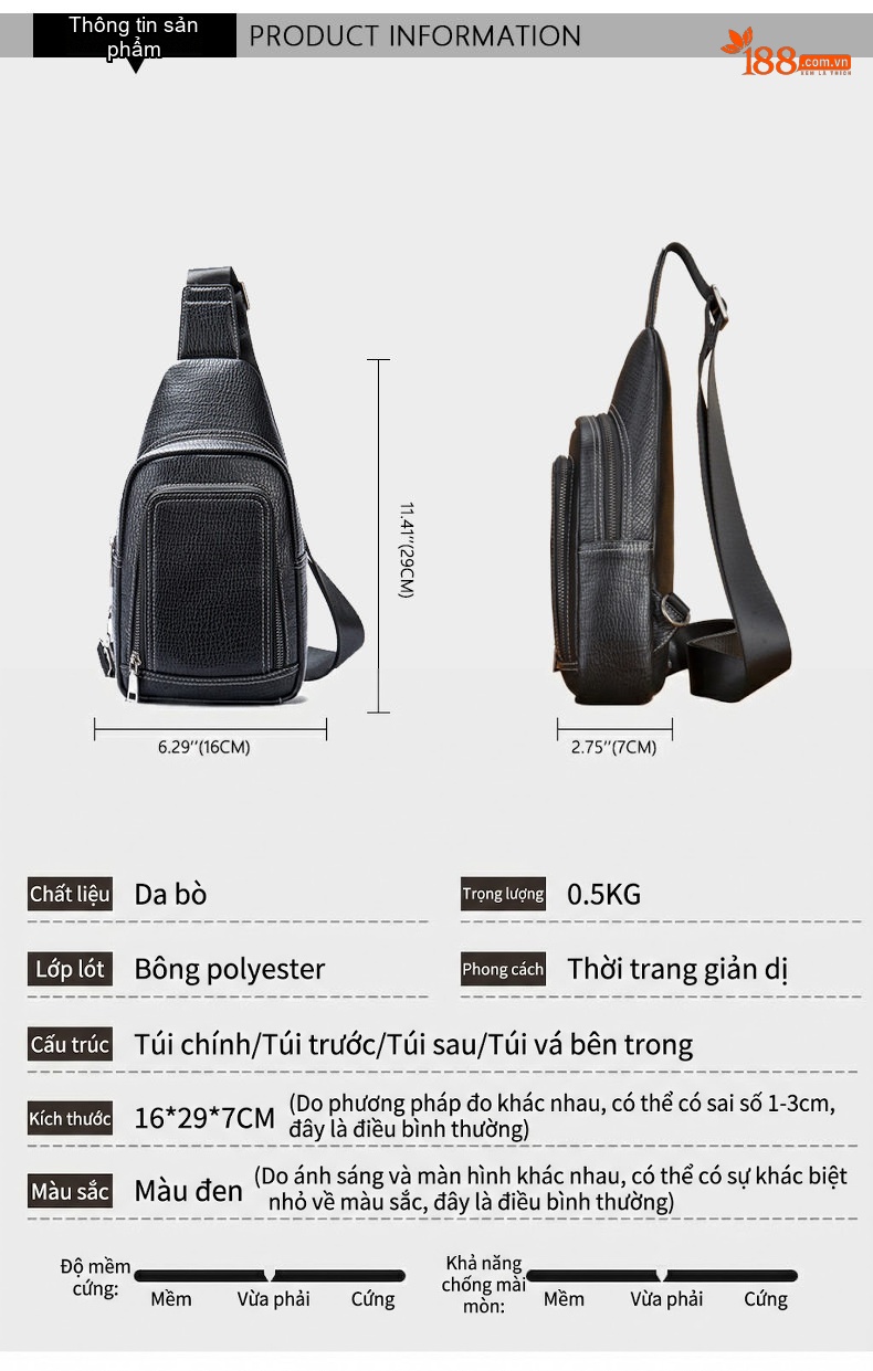 Túi đeo ngực nam da bò thời trang dáng hộp chi tiết 8