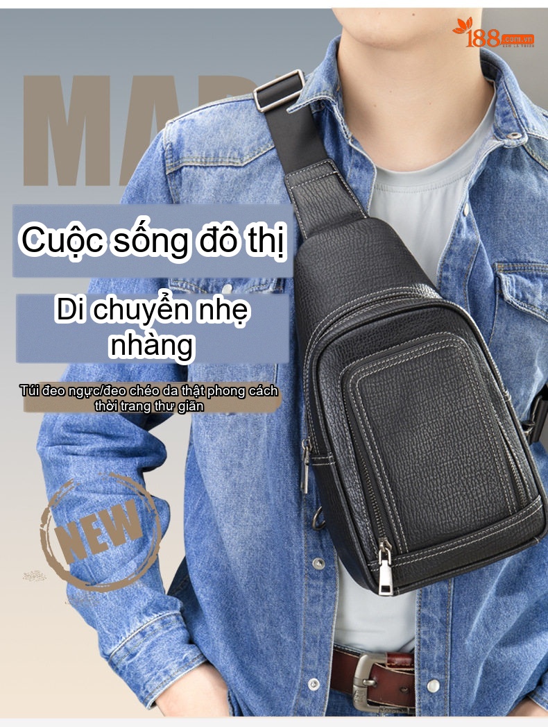 Túi đeo ngực nam da bò thời trang dáng hộp chi tiết 3