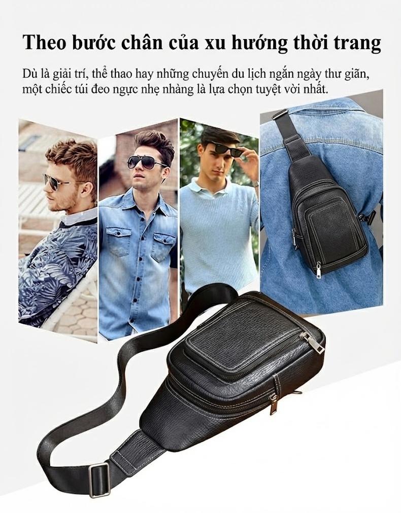 Túi đeo ngực nam da bò thời trang dáng hộp chi tiết 4