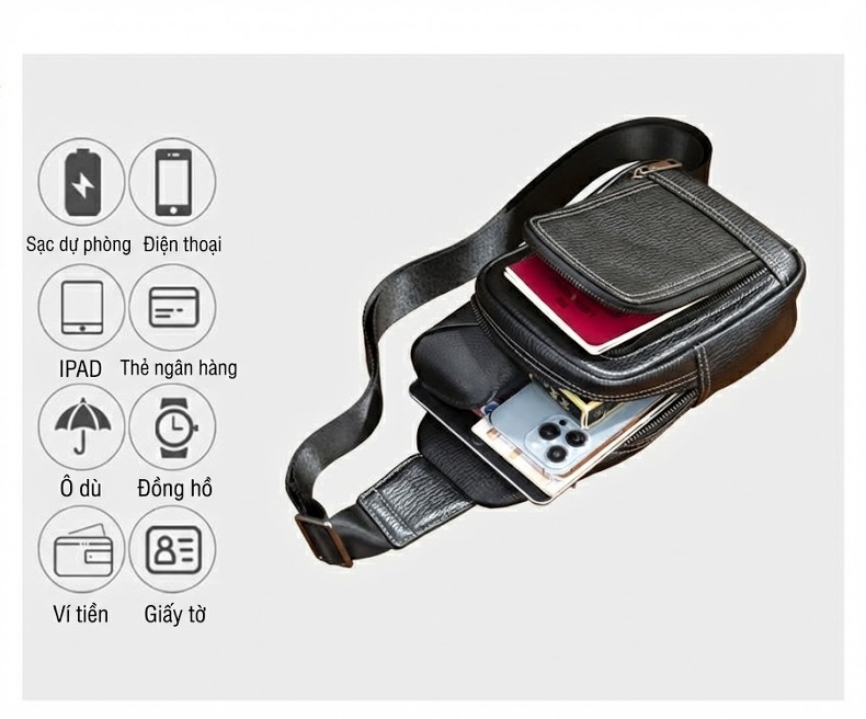 Túi đeo ngực nam da bò thời trang dáng hộp chi tiết 7