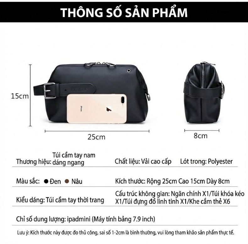 Túi Đeo Tay Nam Da Mềm Sức Chứa Lớn Phong Cách Âu Mỹ Màu Đen, Nâu chi tiết 4