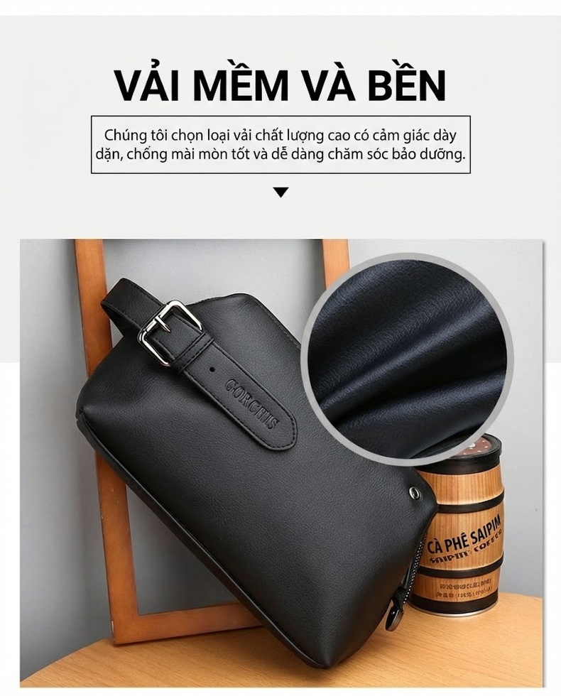 Túi Đeo Tay Nam Da Mềm Sức Chứa Lớn Phong Cách Âu Mỹ Màu Đen, Nâu chi tiết 5