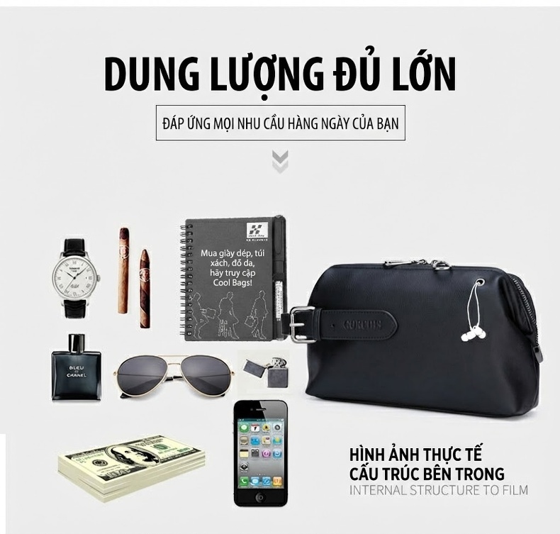 Túi Đeo Tay Nam Da Mềm Sức Chứa Lớn Phong Cách Âu Mỹ Màu Đen, Nâu chi tiết 7