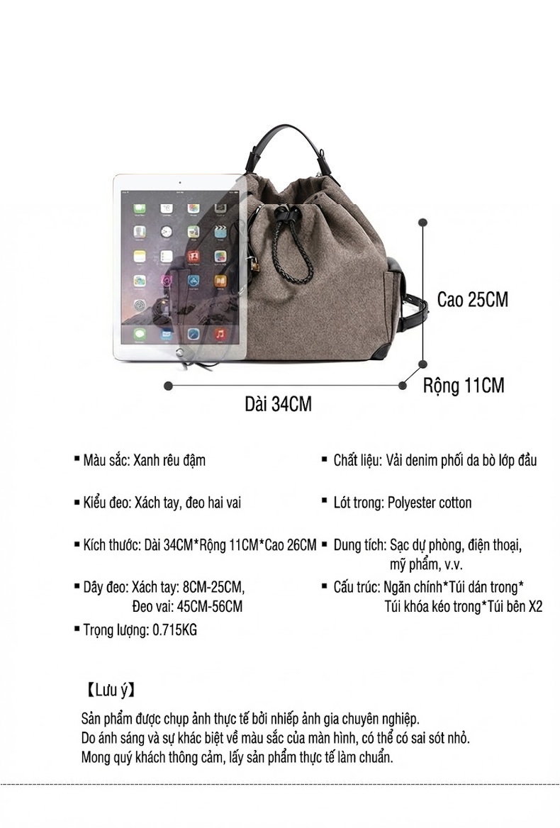 Túi Đeo Vai/Đeo Chéo/Ba Lô Nữ Da Thật Thiết Kế Nhỏ Gọn Sức Chứa Lớn Phong Cách Retro Màu Xám chi tiết 6