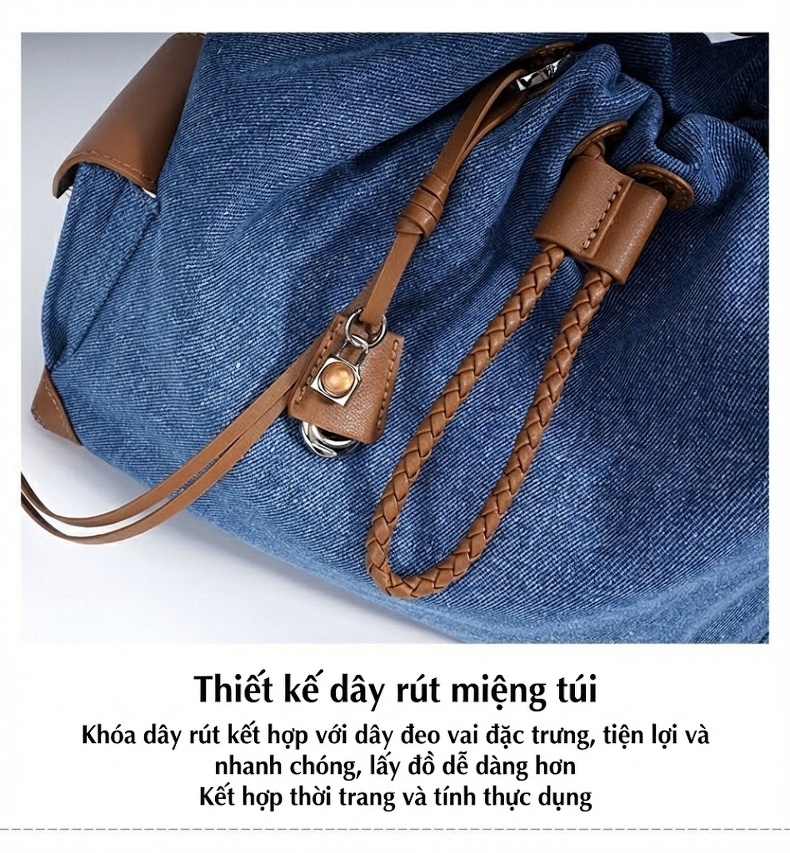 Túi Đeo Vai/Đeo Chéo/Ba lô Rút Dây Vải Denim Phong Cách Vintage Dung Tích Lớn chi tiết 13