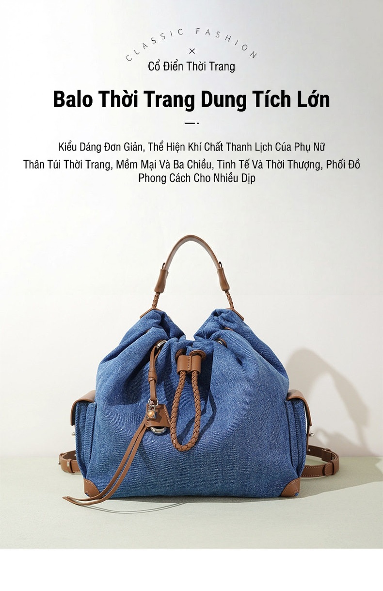 Túi Đeo Vai/Đeo Chéo/Ba lô Rút Dây Vải Denim Phong Cách Vintage Dung Tích Lớn chi tiết 2