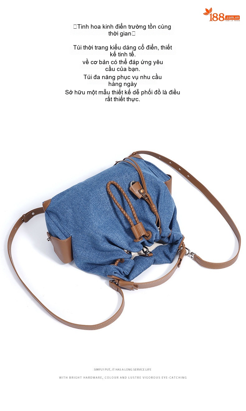 Túi Đeo Vai/Đeo Chéo/Ba lô Rút Dây Vải Denim Phong Cách Vintage Dung Tích Lớn chi tiết 8