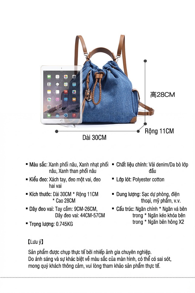 Túi Đeo Vai/Đeo Chéo/Ba lô Rút Dây Vải Denim Phong Cách Vintage Dung Tích Lớn chi tiết 9